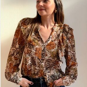 Paparazzi Floral Ruffle Blouse - Brown and Orange